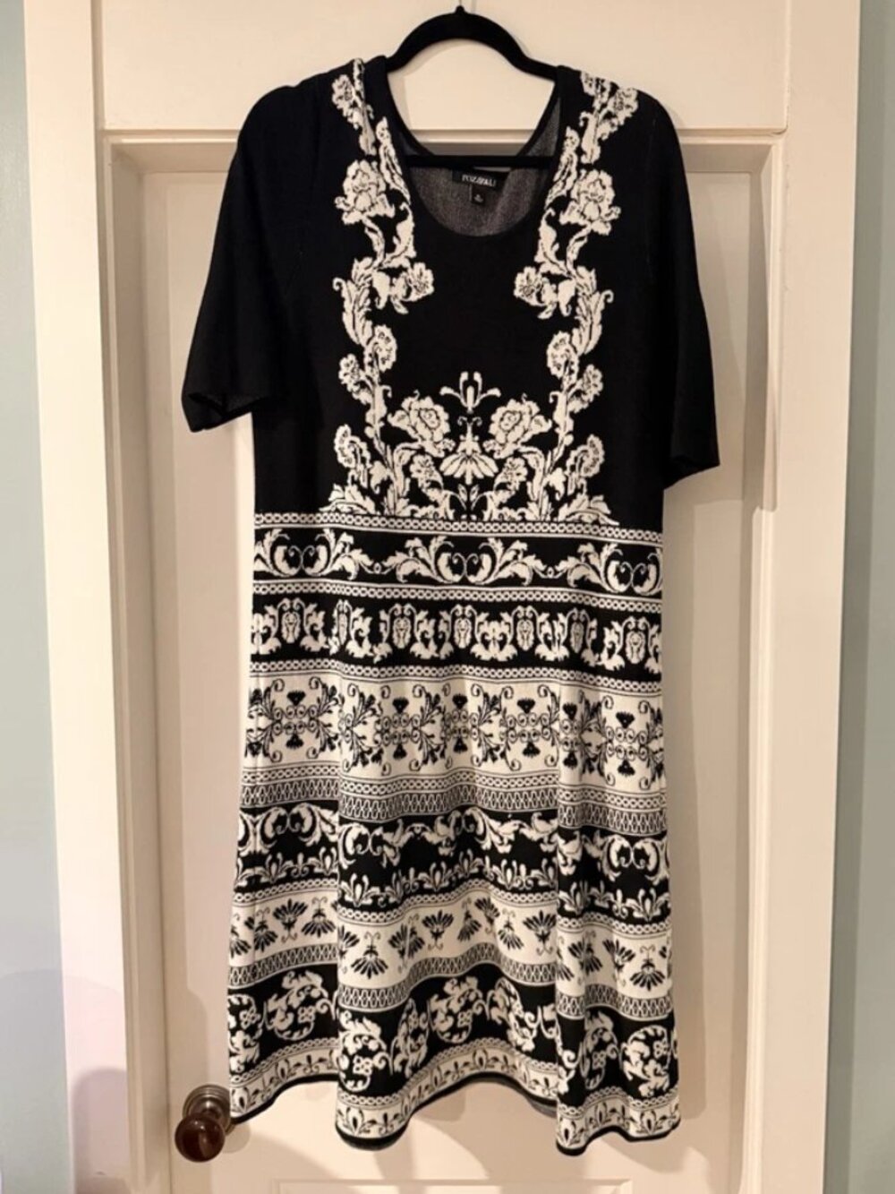 Roz & Ali Black White Knit Floral A-Line Dress Floral Pattern Short Sleeve X L